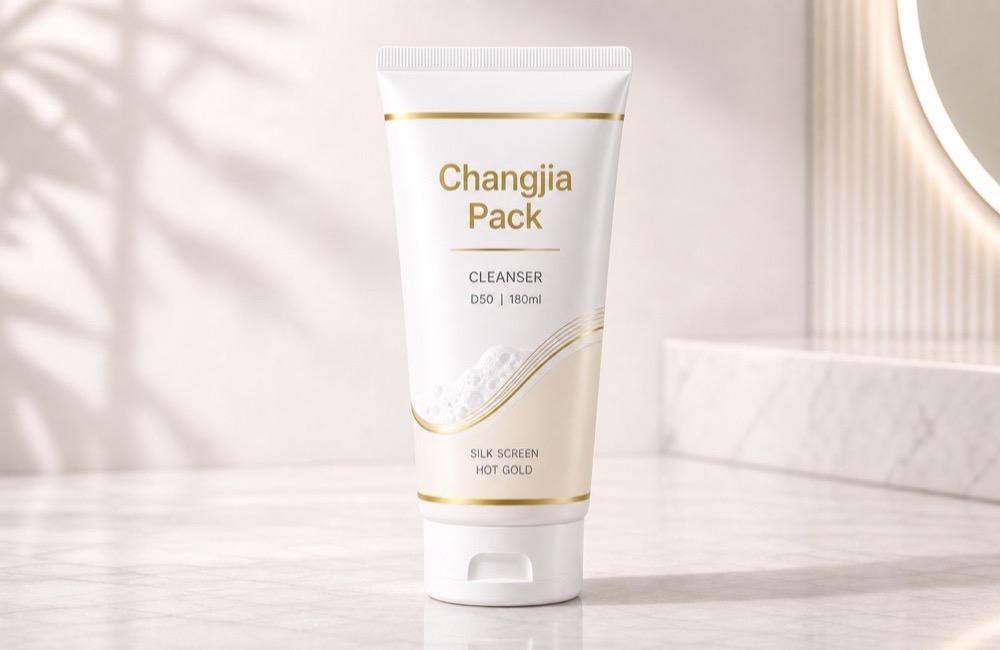 D50 180ml White Cleanser Flip Cap Silk Screen Hot Gold Cosmetic Tube