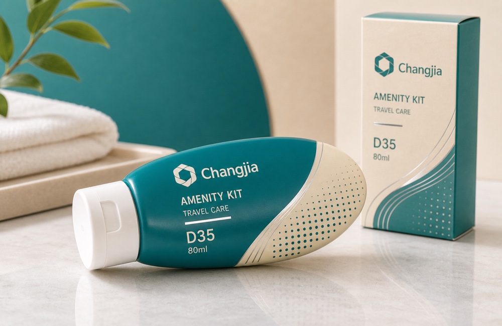D35 80ml Amenity Kit Teal Oval Offset Hot Silver Hotel & Travel Tube